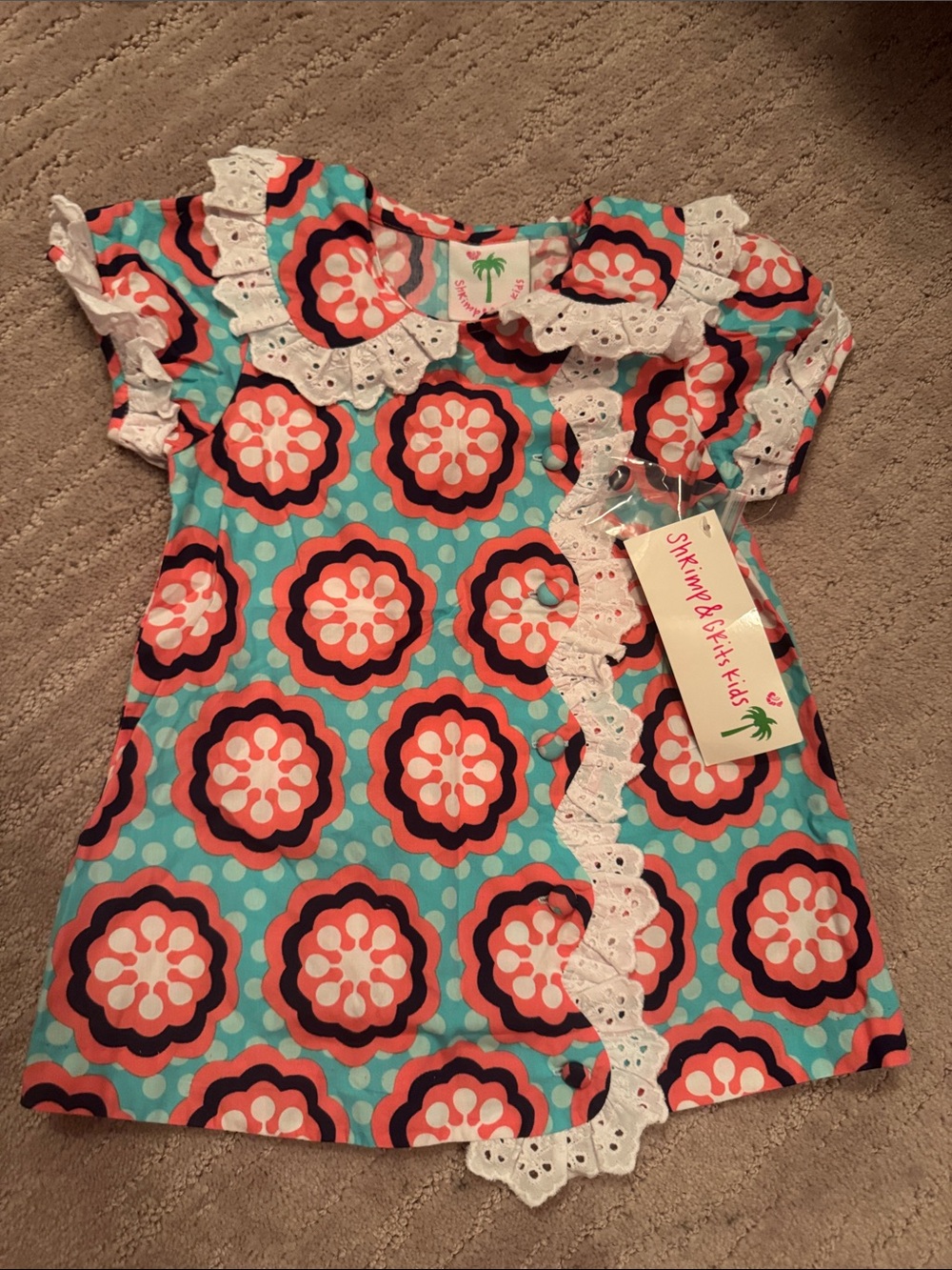 Shrimp and Grits Kids Aqua Floral Lace-Trim Dress